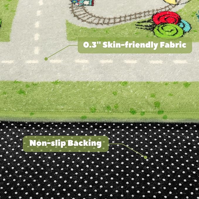 LIVEBOX Green Kids Rug for Playroom, 4'x6' Washable Road Rug for Boys Room, Non-Slip Soft Car Rug for Baby Nursery, Large Kids Floor Mats for Boys Girls Dorm Toy Room Tent - LeafyLoom