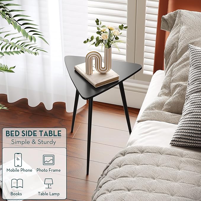 SAYGOER Black End Table for Small Places Triangle Side Table Modern Sofa Table for Living Room Bedroom Office Small Night Stand Metal Legs Bedside Table Classic Black Home Decor, Easy Assembly - LeafyLoom