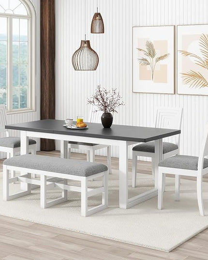 78Inch Dining Table Set for 6, Extendable Dining Table with 18" Butterfly Leaf, 4 Upholstered Dining Chairs and Bench, Kitchen Table Set for Dining Room, White+Grey - LeafyLoom