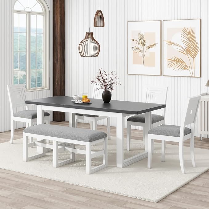 78Inch Dining Table Set for 6, Extendable Dining Table with 18" Butterfly Leaf, 4 Upholstered Dining Chairs and Bench, Kitchen Table Set for Dining Room, White+Grey - LeafyLoom