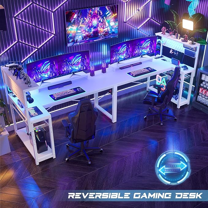 Homieasy Small Gaming Desk with Power Outlets Pegboard LED Light, 51 Inch L Shaped Computer Desk with Monitor Stand Storage Shelves, Reversible Corner Desk with Headset Hooks, White - LeafyLoom