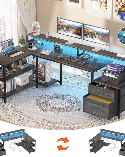Aheaplus L Shaped Desk with File Drawer, 72.8" Reversible L Shaped Computer Desk with Power Outlet & LED Strip, Gaming Desk with Monitor Stand, Office Desk Corner Desk with Storage Shelf, Grey Oak - LeafyLoom