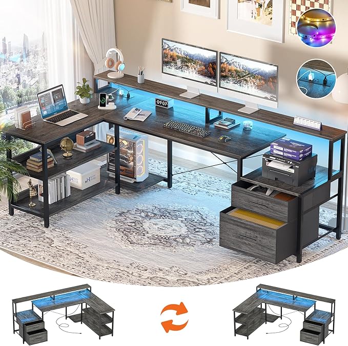Aheaplus L Shaped Desk with File Drawer, 72.8" Reversible L Shaped Computer Desk with Power Outlet & LED Strip, Gaming Desk with Monitor Stand, Office Desk Corner Desk with Storage Shelf, Grey Oak - LeafyLoom