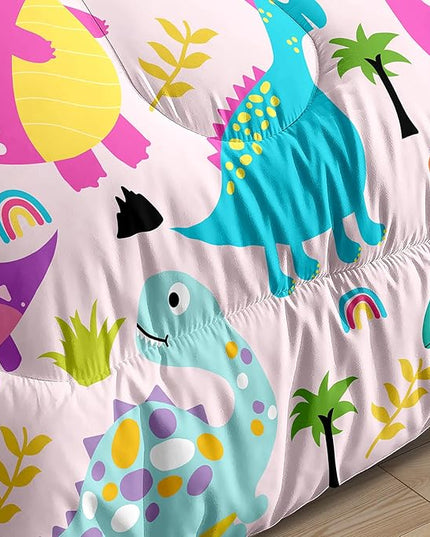 Girls Bedding Dinosaur Comforter Set Queen, Cute Dinosaur Bedding Set for Girls Adults Soft Breathable Dino Quilt Kids Queen Comforter Set, 1 Comforter 2 Pillowcase - LeafyLoom