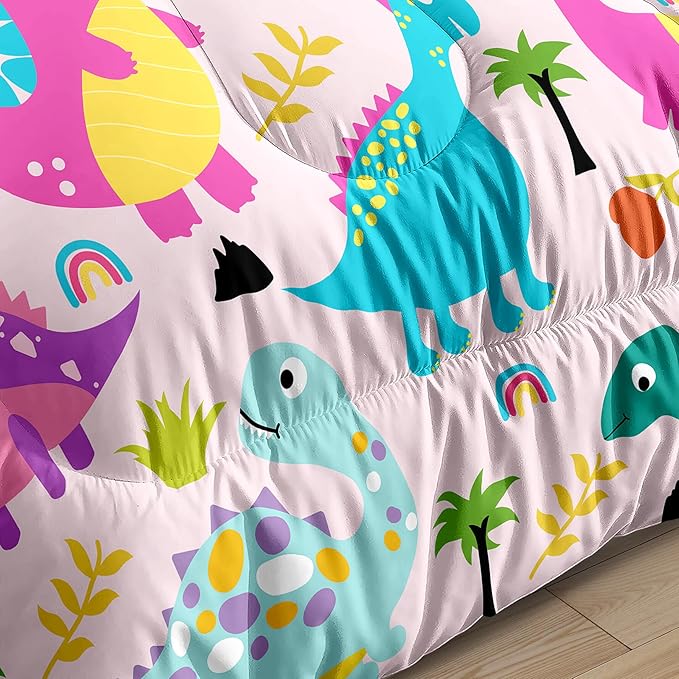 Girls Bedding Dinosaur Comforter Set Queen, Cute Dinosaur Bedding Set for Girls Adults Soft Breathable Dino Quilt Kids Queen Comforter Set, 1 Comforter 2 Pillowcase - LeafyLoom