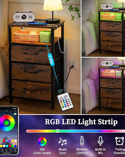 Yoobure Night Stand with Charging Station, 16 Colors LED Nightstand with USB Ports and Outlets, End Table with 3 Fabric Drawers and Storage Shelf, Bedside Tables Small Dresser for Small Space Brown - LeafyLoom