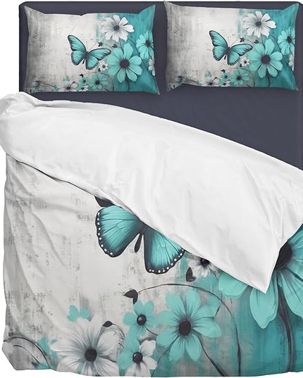 Butterfly Flowers Comforter Sets Twin Size, Vintage Floral Butterfly Kids Bedding Sets for girls Teens 3 Piece Bedroom Decor - LeafyLoom