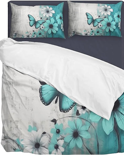 Butterfly Flowers Comforter Sets Full Size, Vintage Floral Butterfly Kids Bedding Sets for girls Teens 3 Piece Bedroom Decor - LeafyLoom