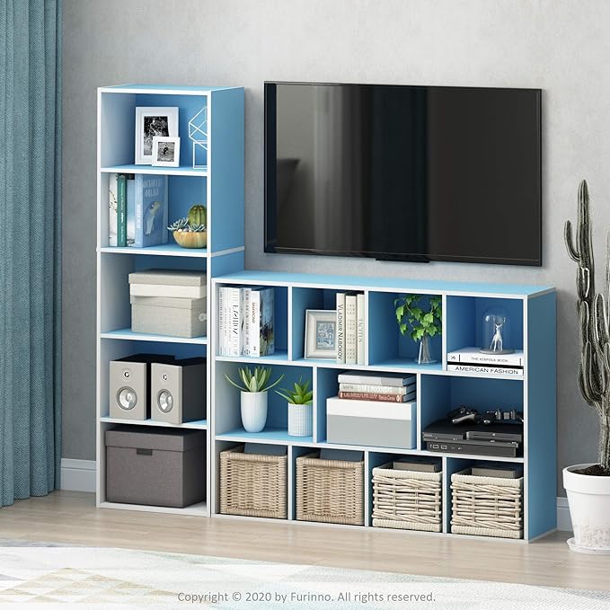 Furinno Luder Bookcase / Book / Storage , 11-Cube, White/Light Blue - LeafyLoom