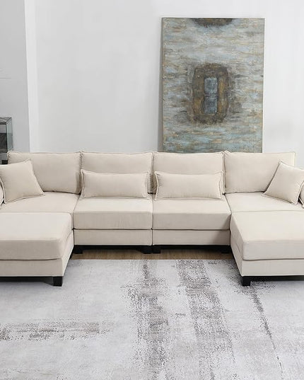133" Corduroy 6 Seat Freely Combinable Sofa with Armrest Bags,U Shaped Indoor Solid Wood Sectional Couch w/Pillows,for Living Room,Bedroom,Apartment,Office,Lounges,Beige - LeafyLoom