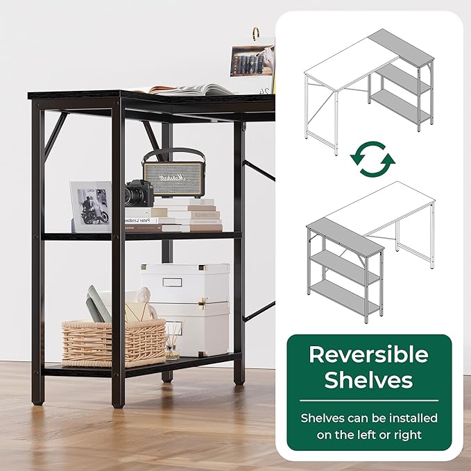 L Shaped Desk, 47 Inches Computer Desk with Reversible Storage Shelves, Gaming Desk, Corner Desk Home Office Desks, Writing Desk Study Desk with Metal Frame, Black - LeafyLoom