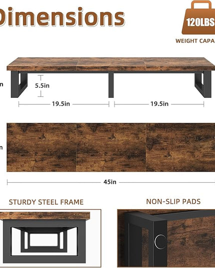 45" Large TV Riser for 32-60 inch TV, TV Riser Stand Shelf with Steel Legs,Tabletop TV Stand Riser for Home Office,Rustic Brown - LeafyLoom