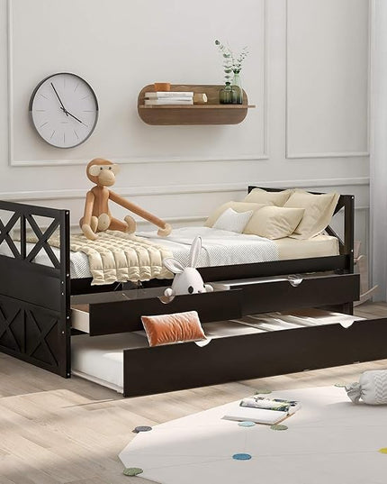 Twin Daybed with Storage Drawers and Trundle Bed, Wood Twin Size Captain’s Bed Frame for Bedroom Living Room Guest Room, Espresso - LeafyLoom