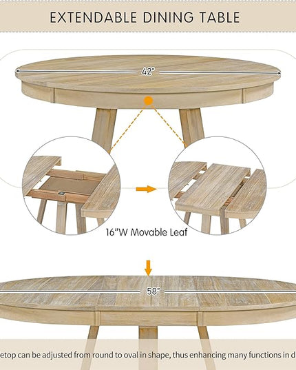 NicBex Small Dining Table Set for 4 Breakfast Nook Table Set 5-Piece Retro Functional Dining Set, Round Table with a 16" W Leaf and 4 Upholstered Chairs for Dining Room, Natural - LeafyLoom
