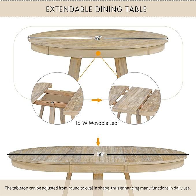 Retro Style 5-Piece Extendable Dining Round Functional Kitchen Table Set with 16" W Leaf and 4 Upholstered Chairs-Ideal for Breakfast Nook or Living Room-Natural - LeafyLoom