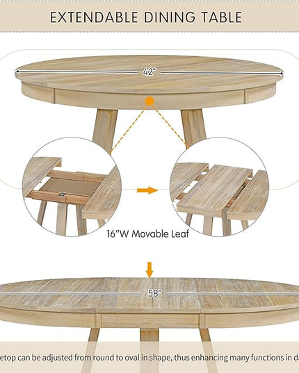 5-Piece Extendable Dining, Retro Round Functional Kitchen Table Set with a 16" W Leaf and 4 Upholstered Chairs for Kithchen Living Room, Natural - LeafyLoom