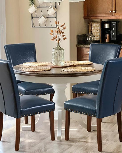 COLAMY Upholstered Parsons Dining Chairs Set of 4, PU Leather Dining Room Kitchen Side Chair with Nailhead Trim and Wood Legs - Blue - LeafyLoom