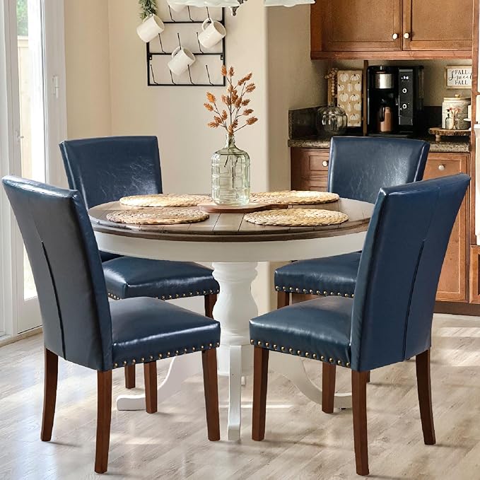 COLAMY Upholstered Parsons Dining Chairs Set of 4, PU Leather Dining Room Kitchen Side Chair with Nailhead Trim and Wood Legs - Blue - LeafyLoom