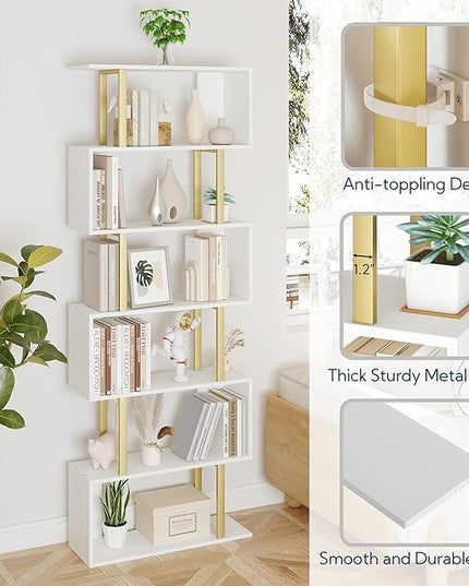 Yusong Geometric Bookcase, S Shaped Bookshelf 6-Tier Book Shelves for Bedroom, Modern Wood Decorative Display Shelf Tall Book Case for Home Office, Gold and White - LeafyLoom