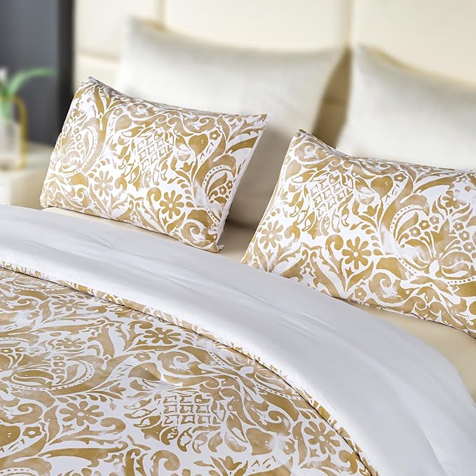 ALPHA HOME Comforter Set King Size, All Season Bedding Comforter Set, Comfortable Classic Damask Pattern Comforter Set with Cotton Fabric (1 Comforter, 2 Pillowcases) - LeafyLoom