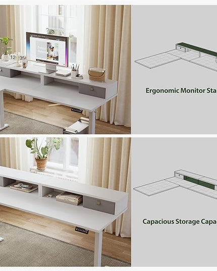 L shaped Electric Standing Desk with 2 Drawers, 63 Inch Ergonomic Adjustable Height Desk with Storage, Corner Desk Sit Stand up Computer Table for Work Office Home, White - LeafyLoom