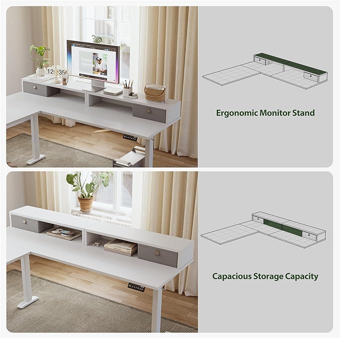 L shaped Electric Standing Desk with 2 Drawers, 63 Inch Ergonomic Adjustable Height Desk with Storage, Corner Desk Sit Stand up Computer Table for Work Office Home, White - LeafyLoom