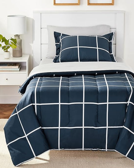 Amazon Basics Lightweight Microfiber Bed-in-a-Bag Comforter 5 Piece Bedding Set, Twin/Twin XL, Navy with Grey Plaid - LeafyLoom