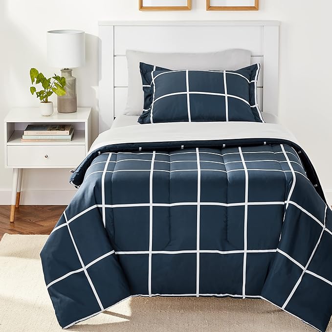Amazon Basics Lightweight Microfiber Bed-in-a-Bag Comforter 5 Piece Bedding Set, Twin/Twin XL, Navy with Grey Plaid - LeafyLoom
