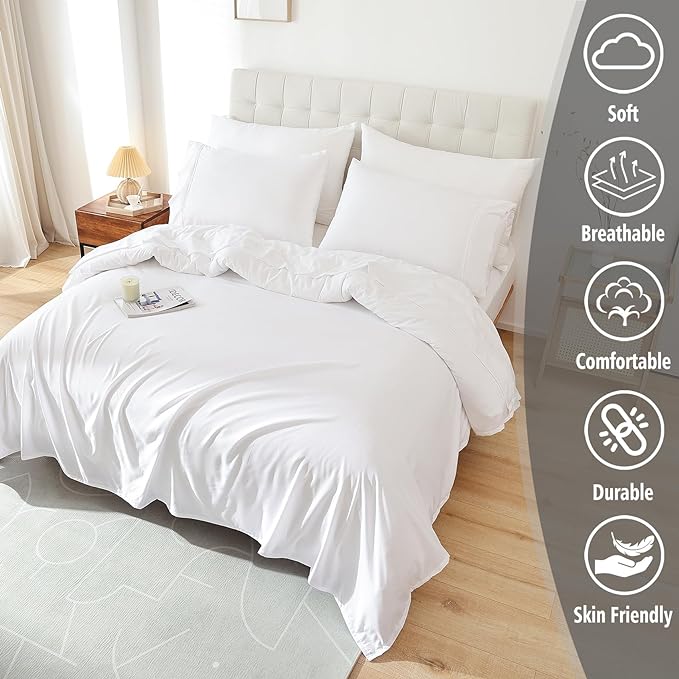 Queen Sheet Set - White Soft Breathable Bed Sheets for Queen Size Bed, Fit Deep Pocket Hotel Lxuury Sheets, Silky Cooling Bedding Sheets and Pillowcases, Wrinkle Free Oeko-Tex Sheets 4 Piece - LeafyLoom