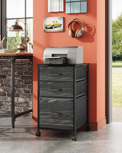 DEVAISE Mobile File Cabinet, Rolling Printer Stand with 3 Drawers, Fabric Vertical Filing Cabinet fits A4 or Letter Size for Home Office, Charcoal Black Wood Grain Print - LeafyLoom