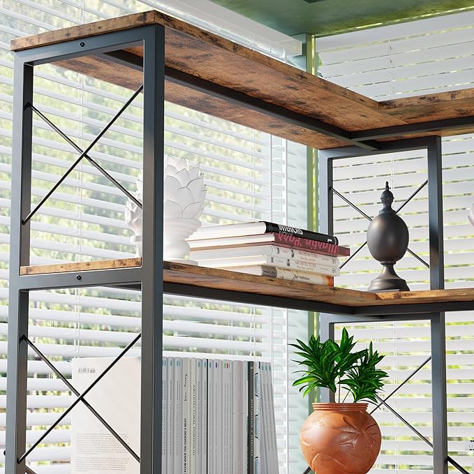 IRONCK 6-Shelf Corner Bookcase, Vintage Industrial Corner Bookshelf Etagere Bookcase, 6 Tier Corner Shelf Storage Rack with Metal Frame for Living Room Home Office - LeafyLoom
