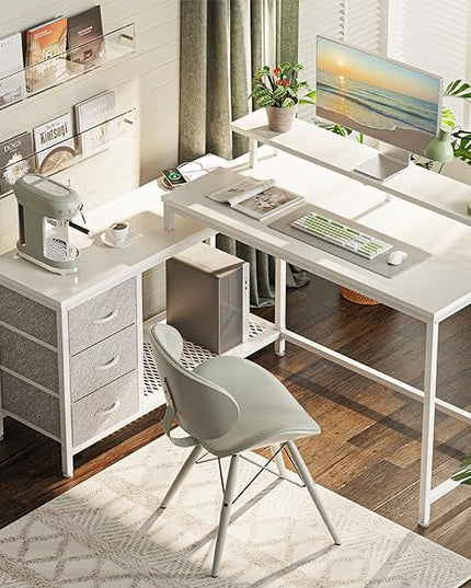 Reversible L Shaped Computer Desk with Drawers, Gaming Desk with LED Lights and Power Outlets, Office Desk with Storage Shelves, Corner Desk with Monitor Stand, for Home & Office, White - LeafyLoom