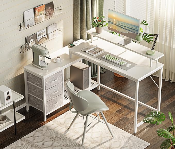 Reversible L Shaped Computer Desk with Drawers, Gaming Desk with LED Lights and Power Outlets, Office Desk with Storage Shelves, Corner Desk with Monitor Stand, for Home & Office, White - LeafyLoom