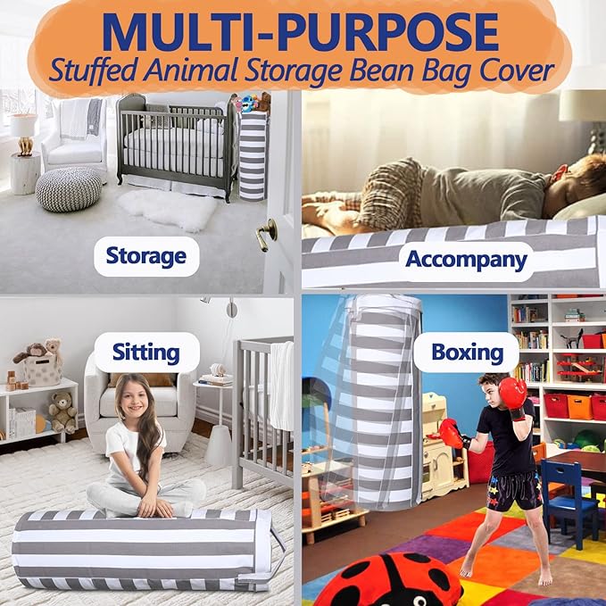 Stuffed Animal Storage Bean Bag Cover for Kids - Organize, Sit, Play & Box Help Promote Comfort and Relaxation - Perfect Playroom & Bedroom Plush Toys Beanbag, Cylinder, Best Gift for Kids - LeafyLoom