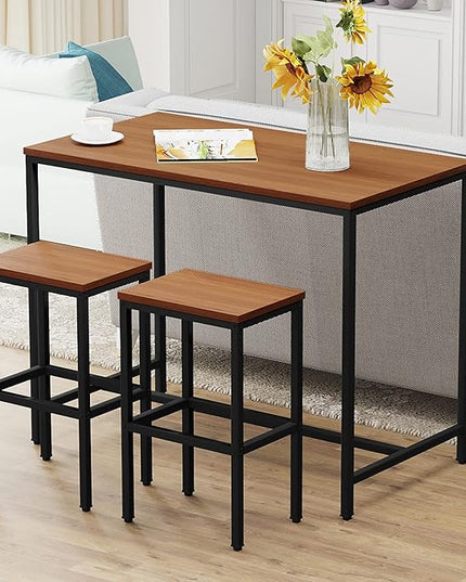 Yongchuang 3 Piece Bar Table Set, Bar Table and Chairs Set of 2, Modern Counter Height Table with 2 Stools for Kitchen, Dining Room, Living Room Breakfast Table Industrial Brown Wood Top - LeafyLoom