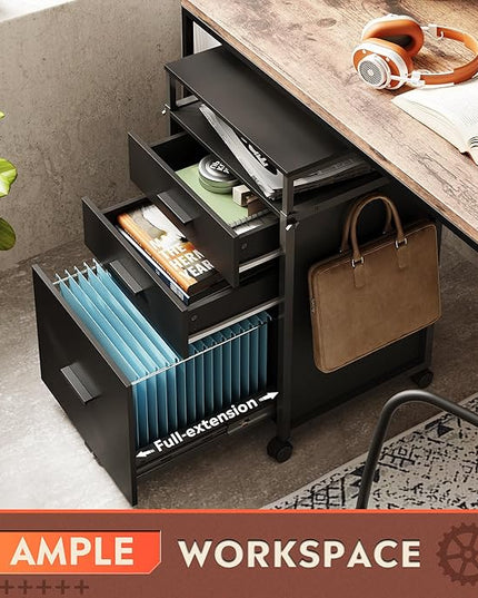 DEVAISE File Cabinet with Storage Drawers, Rolling Printer Stand with Adjustable Shelves, Wood Filing Cabinet for Home Office, Black - LeafyLoom