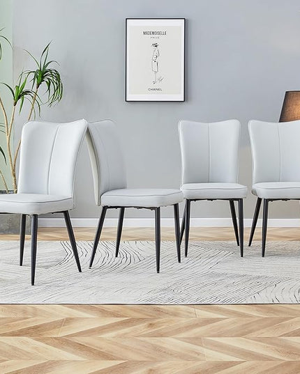 Modern Dining Chairs Set of 4, PU Leather Seat Cushions Light Gray Dining Room Chair, with Black Metal Legs Kitchen Chair for Home Living Room, Restaurant, Light Gray Chair Black Legs - LeafyLoom