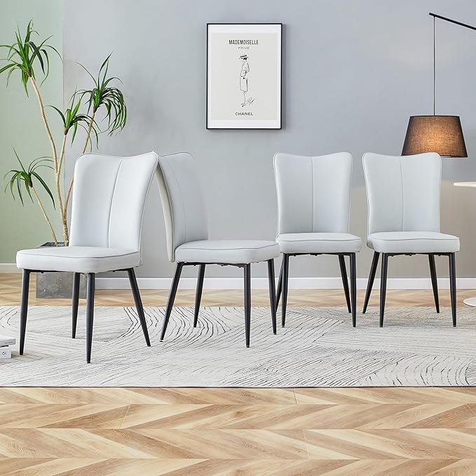 Modern Dining Chairs Set of 4, PU Leather Seat Cushions Light Gray Dining Room Chair, with Black Metal Legs Kitchen Chair for Home Living Room, Restaurant, Light Gray Chair Black Legs - LeafyLoom