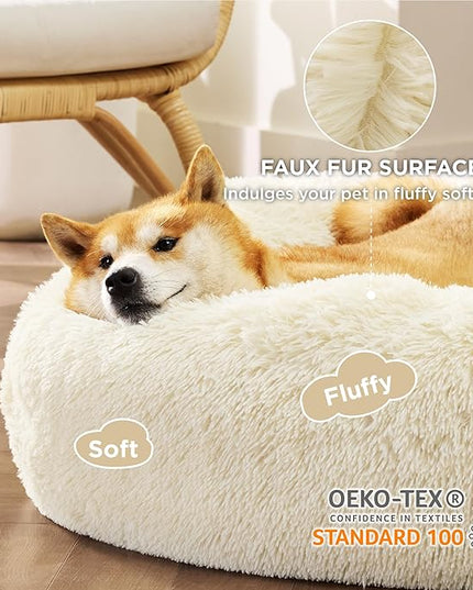 Bedsure Calming Dog Bed for Medium Dogs - Donut Washable Medium Pet Bed, Anti-Slip Round Fluffy Plush Faux Fur Cat Bed, Fits up to 45 lbs Pets, Oat Milk, 30 inches BEDSURE