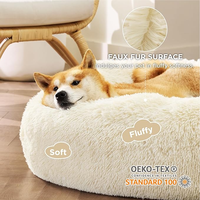 Bedsure Calming Dog Bed for Medium Dogs - Donut Washable Medium Pet Bed, Anti-Slip Round Fluffy Plush Faux Fur Cat Bed, Fits up to 45 lbs Pets, Oat Milk, 30 inches BEDSURE