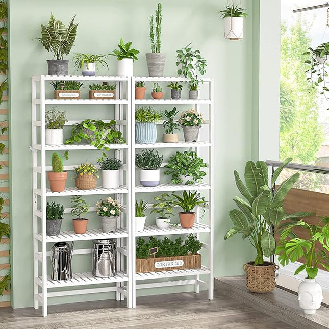 Homykic Bookshelf, 6-Tier Bamboo Adjustable 63.4” Tall Bookcase Book Shelf Organizer Free Standing Storage Shelving Unit for Living Room, Kitchen, Bedroom, Bathroom, Office, Rust Resistance, White - LeafyLoom
