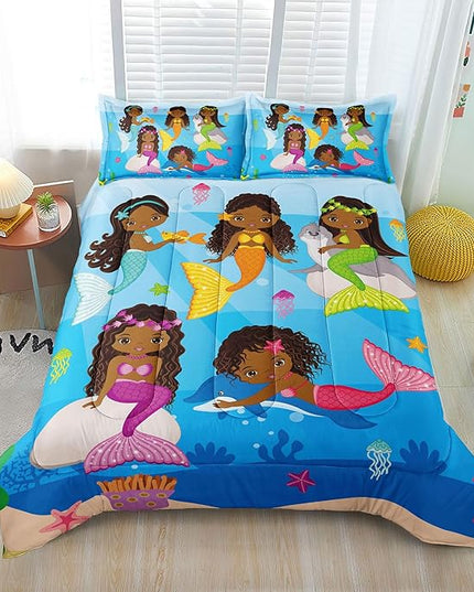 Little Mermaid Bedding, Black Girl Comforter Set Twin Size, Black Mermaid Bedroom Decor for Girls, Princess Twin Bed Set for Kids Teens with 1 Comforter and 2 Pillow Cases - LeafyLoom
