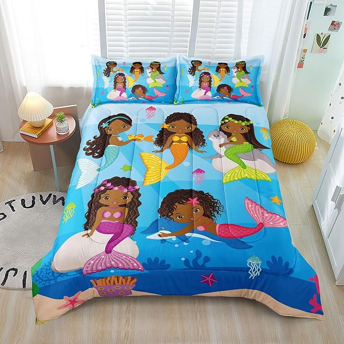Little Mermaid Bedding, Black Girl Comforter Set Twin Size, Black Mermaid Bedroom Decor for Girls, Princess Twin Bed Set for Kids Teens with 1 Comforter and 2 Pillow Cases - LeafyLoom