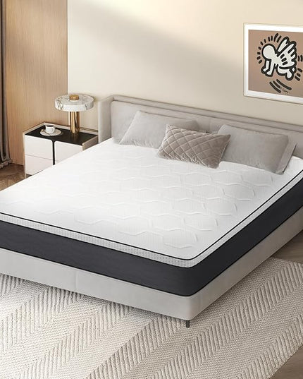 Queen Mattress 14 Inch, Queen Mattresses Hybrid Spring Mattress in a Box, Queen Size Foam Innerspring Mattress with Motion Isolation & Pressure Relief for Queen Bed Frames, Medium Soft, White Grey - LeafyLoom