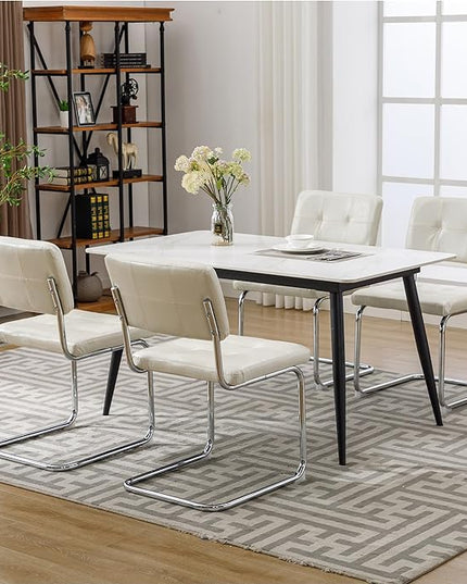 Forevich Mid Century Modern Dining Chairs Set of 2, Leather Kitchen Dining Room Side Chairs Upholstered Armless Accent Chairs with Metal Chrome Legs for Living Room, Bedroom White - LeafyLoom