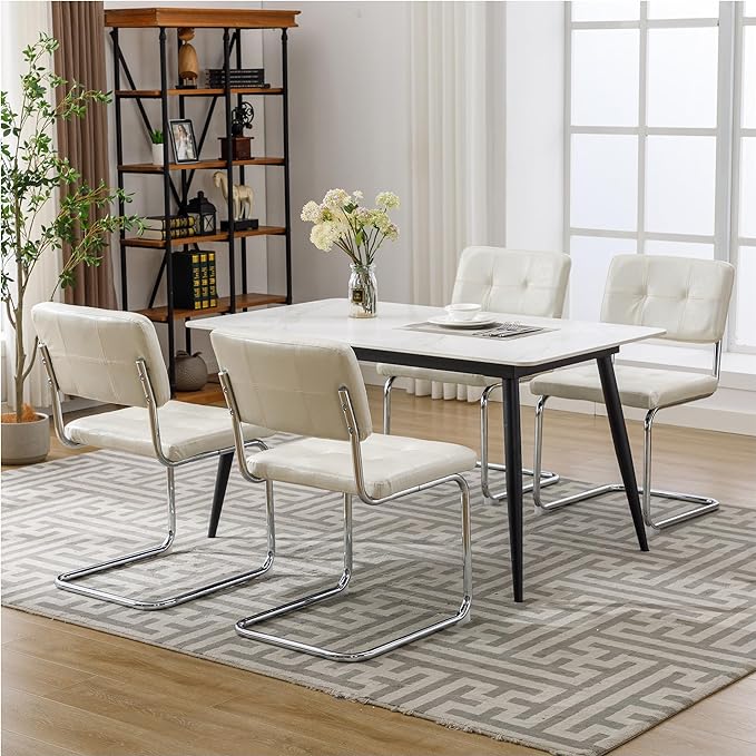 Forevich Mid Century Modern Dining Chairs Set of 2, Leather Kitchen Dining Room Side Chairs Upholstered Armless Accent Chairs with Metal Chrome Legs for Living Room, Bedroom White - LeafyLoom