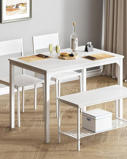SogesPower Dining Room Table Set 43 Inch Kitchen Table Set with 2 Chairs and Bench, Dining Room Table Set for 4 Home, Kitchen, Dining Room, Restaurant, White - LeafyLoom