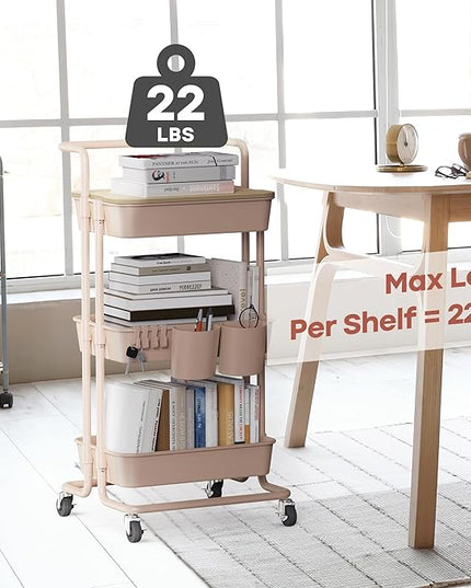 DTK 3 Tier Rolling Utility Cart with Cover Top Board, Movable Kitchen Storage Cart Trolley with Lockable Wheels, Cups, Hooks for Kitchen Bathroom Home Office Art Craft Storage and Organization(Pink) - LeafyLoom