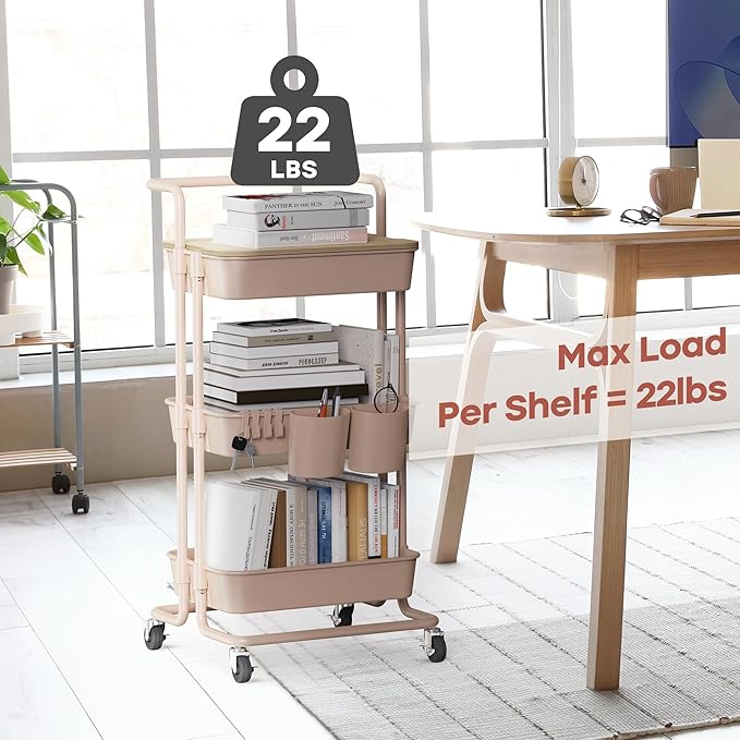 DTK 3 Tier Rolling Utility Cart with Cover Top Board, Movable Kitchen Storage Cart Trolley with Lockable Wheels, Cups, Hooks for Kitchen Bathroom Home Office Art Craft Storage and Organization(Pink) - LeafyLoom