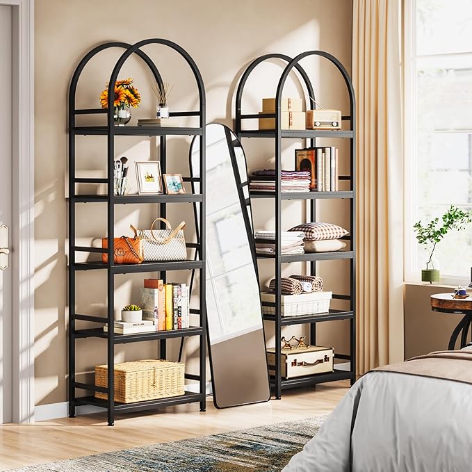 Tribesigns 5-Tier Open Bookshelf Set of 2, 74.4" Wood Bookcase Storage Shelves with Metal Frame, Freestanding Display Rack Tall Shelving Unit for Office, Bedroom, Living Room (Black, 2PCS) - LeafyLoom
